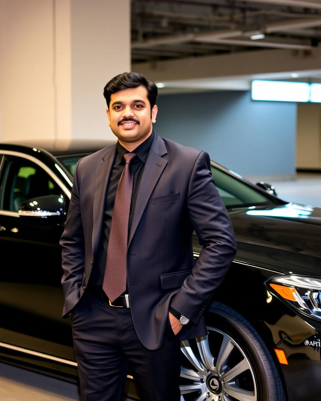 Professional chauffeur standing beside a polished black luxury car